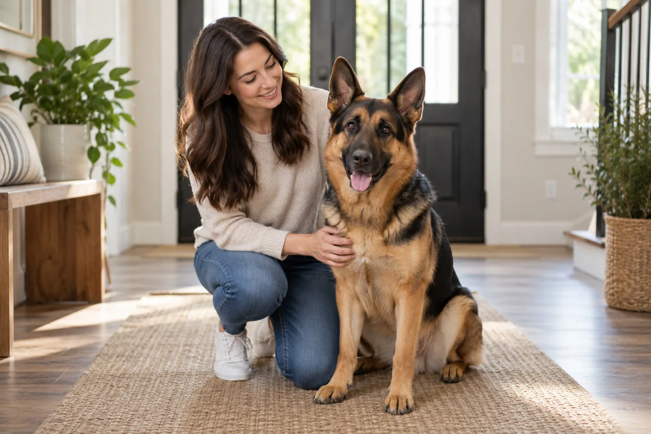 Owner seated beside a German Shepherd in a bright home